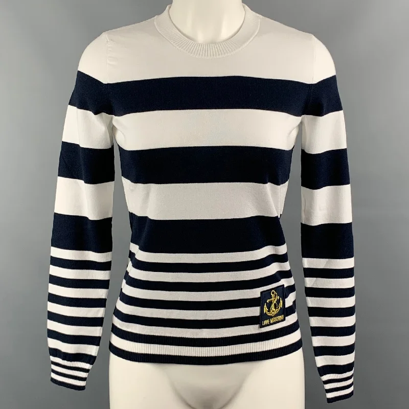 LOVE MOSCHINO Size 4 White Navy Stripped Viscose / Polyester Pullover Wide Sleeve Pullover