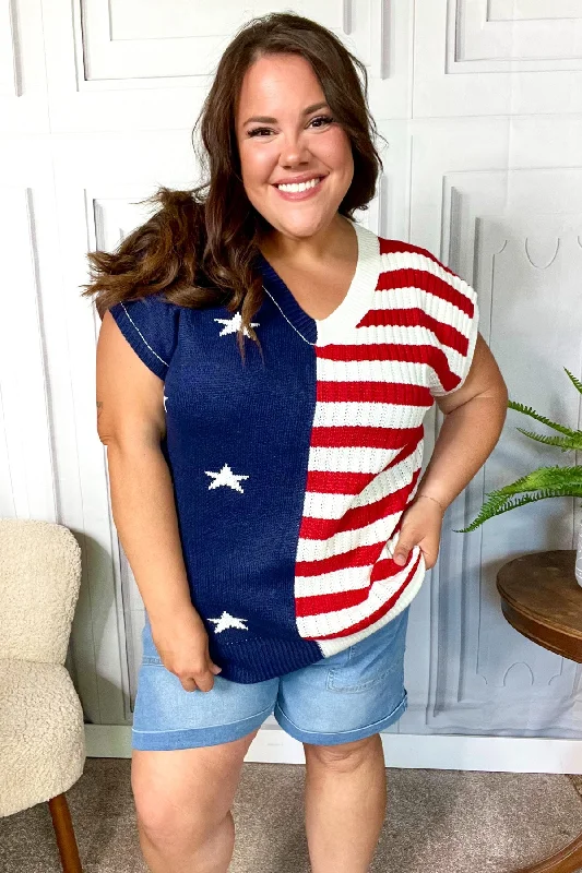 Stars & Stripes Americana V Neck Dolman Sweater Top Modern Contemporary Chic
