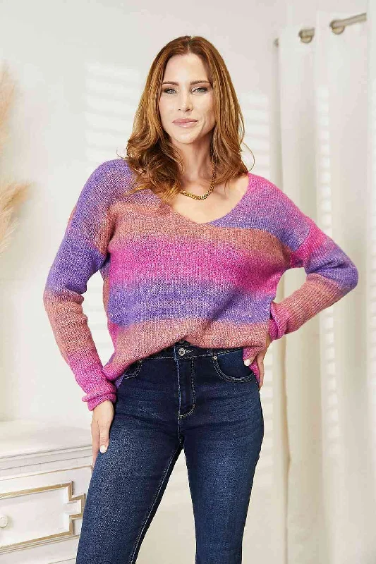 Bright Multicolor Ombre Ribbed Knit Pullover Oversized Split Hem Tunic Sweater Shirt Boxy Neck Sweater