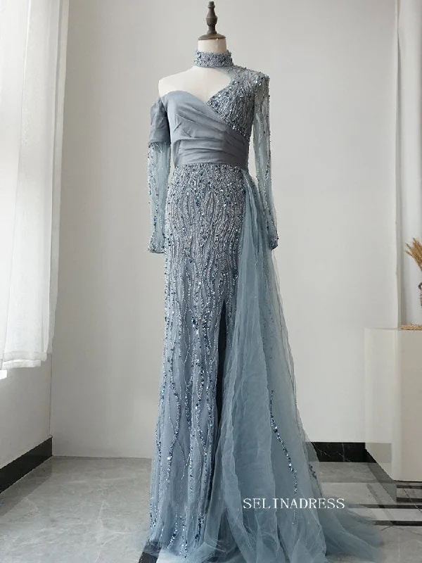 Gorgeous High Neck One Shoulder Luxury Long Prom Dress Blue Beaded Evening Dress Formal Gown FUE017 Gorgeous High Neck One Shoulder Luxury Long Prom Dress Blue Beaded Evening Dress Formal Gown FUE017