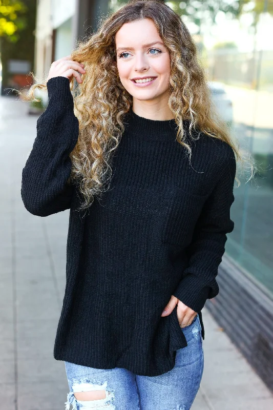 Classy Chic Black Mock Neck Chest Pocket Knit Sweater Graphic Sweater Embroidered Appliqued Classy Chic Black Mock Neck Chest Pocket Knit Sweater Graphic Sweater Embroidered Appliqued