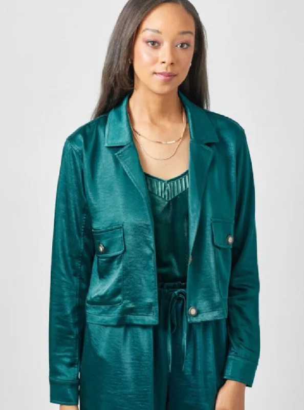 Satin Cropped Jacket [Teal-60205] Cotton Jacket Linen Jacket Terry Jacket
