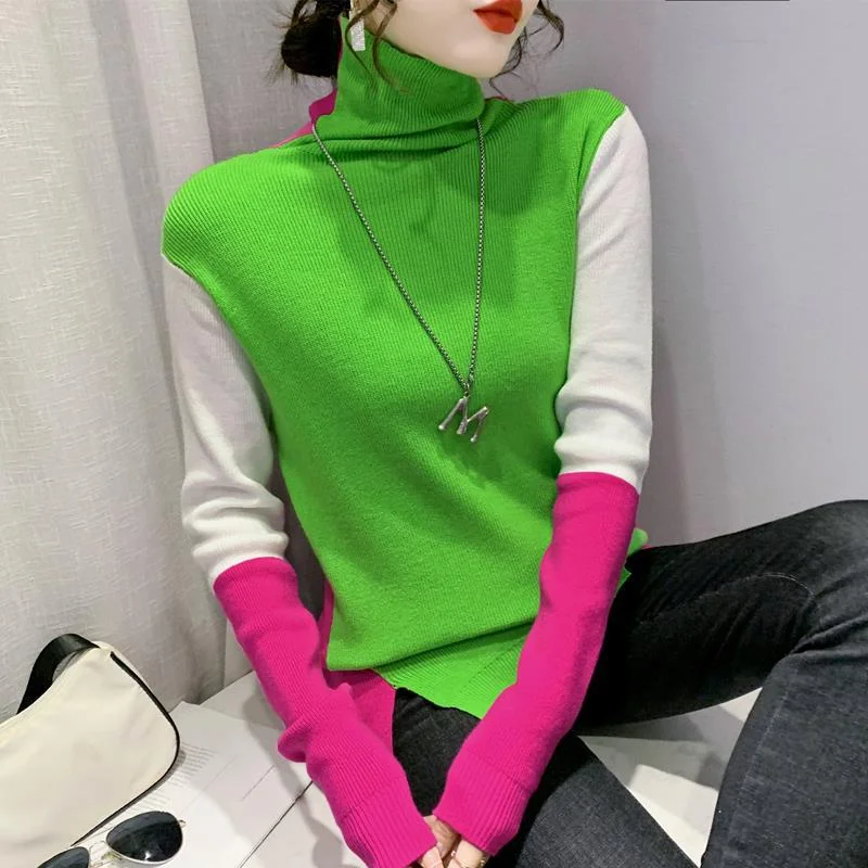 Women Fashion Stitching Pullover Turtleneck Sweater Shirred Sleeve Feminine
