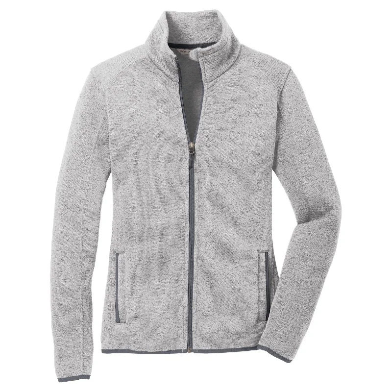 Port Authority Women's Grey Heather Sweater Fleece Jacket Beaded Sweater Sequined Faux Fur