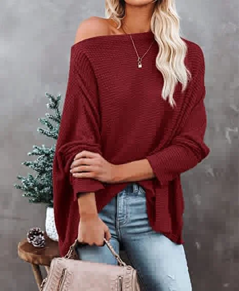 Women'S Casual Off Shoulder Dolman Long Sleeve Waffle Knit Oversized Pullover Tops Saggy Sleeve Comfort