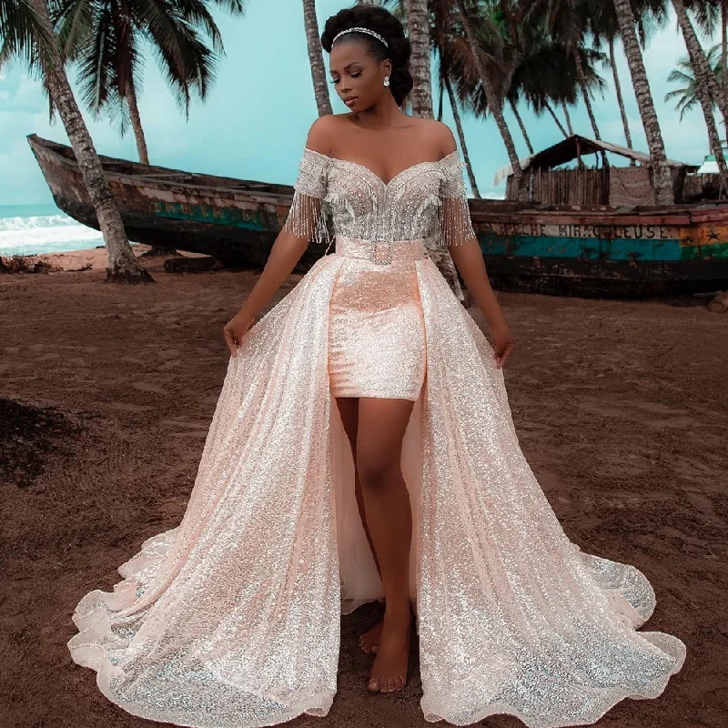 Glitter Sequined Lace Africa Evening Dresses Off The Shoulder Tassel Beaded Prom Gowns Elegnat High Low Long Formal Party Gowns Glitter Sequined Lace Africa Evening Dresses Off The Shoulder Tassel Beaded Prom Gowns Elegnat High Low Long Formal Party Gowns