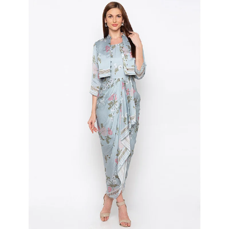 Soup by Sougat Paul Blue Printed Dress With Jacket (Set of 2) Striped Jacket Polka Dot Jacket Floral Jacket Soup by Sougat Paul Blue Printed Dress With Jacket (Set of 2) Striped Jacket Polka Dot Jacket Floral Jacket