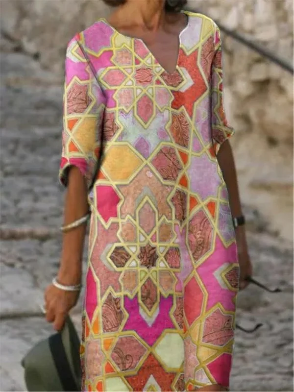 Retro Casual Loose Geometric Color Matching Dress