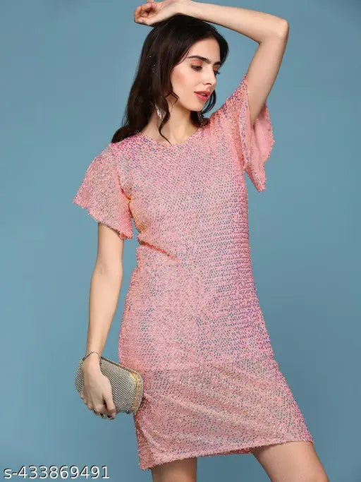 SHOWOFF Women's Bodycon Round Neck Peach Embellished Dress