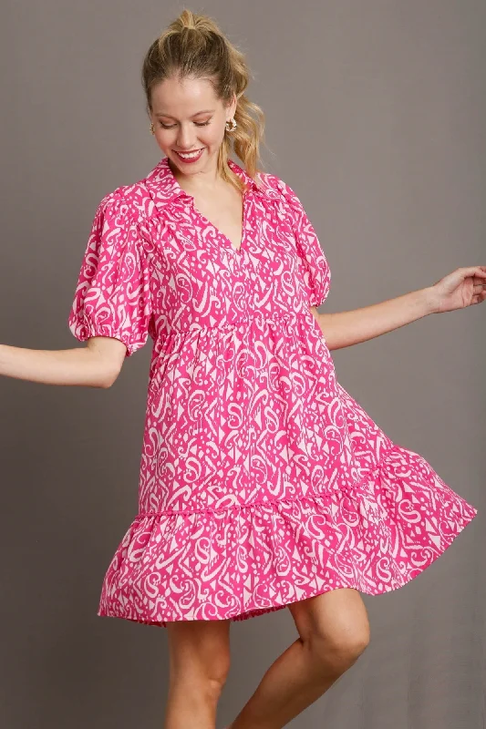 Umgee Printed Collared V-Neck Dress with Lace Trim Details in Hot Pink/Cream Mix