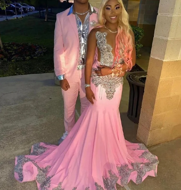 Sliver Crystal Beading Pink Lace Appliques Train Mermaid Prom Dresses Birthday Dress For Black Girl Luxury 2024 Cocktail Dresses Sliver Crystal Beading Pink Lace Appliques Train Mermaid Prom Dresses Birthday Dress For Black Girl Luxury 2024 Cocktail Dresses