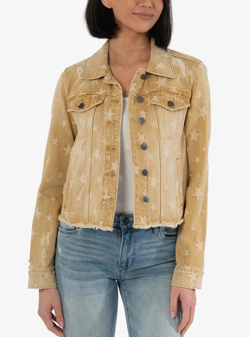 Julia Crop Jacket With Drop Shoulder [Khaki With Stars-KJ1603MA1] A-Line Jacket Boat Neck Shawl Collar