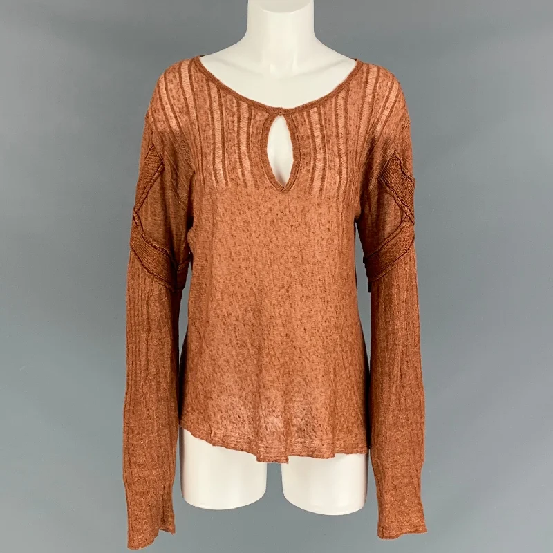 JUST CAVALLI Size M Rust Textured Linen Long Sleeve Pullover - Womens Long Bell Sleeve