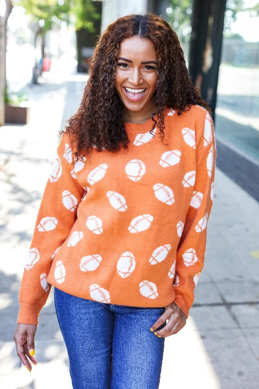 Game Day Orange Football Print Jacquard Knit Sweater Houndstooth Herringbone Solid