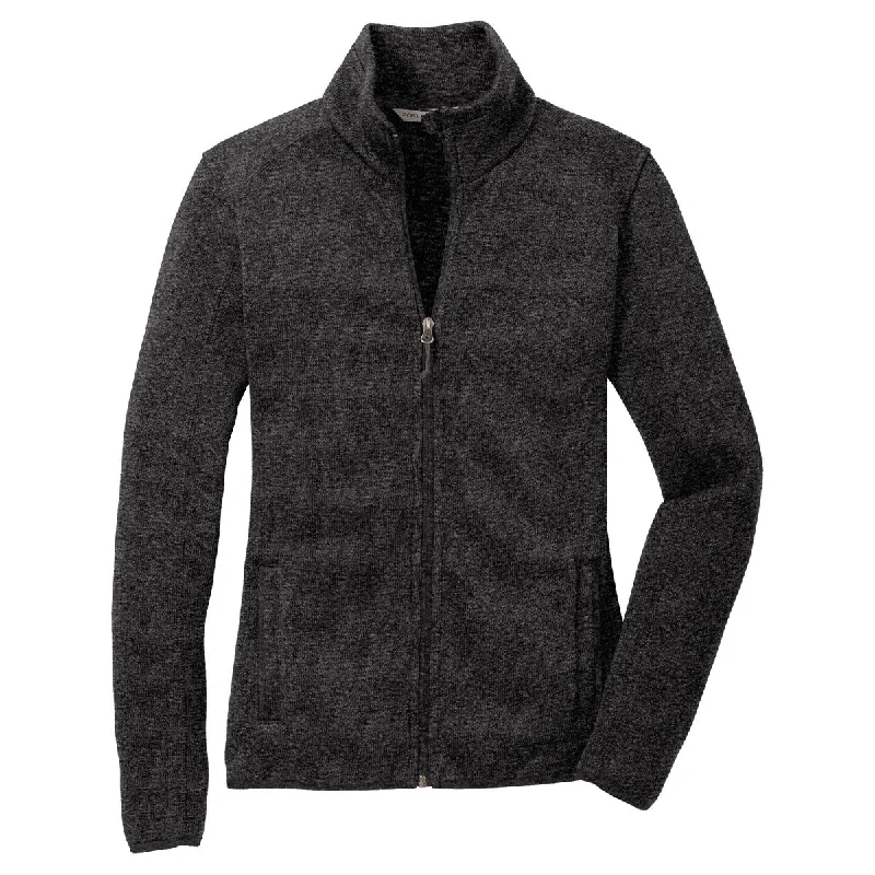 Port Authority Women's Black Heather Sweater Fleece Jacket Graphic Sweater Embroidered Appliqued Port Authority Women's Black Heather Sweater Fleece Jacket Graphic Sweater Embroidered Appliqued