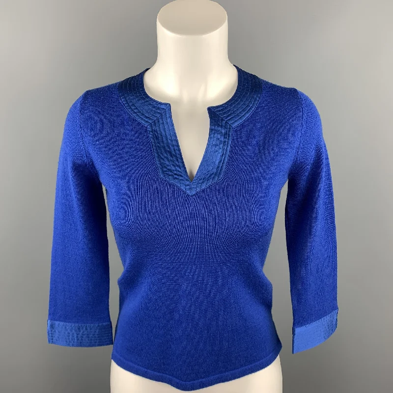 SHANGHAI TANG Size S Blue Knitted Wool Pullover Fitted Ribbed Sweater