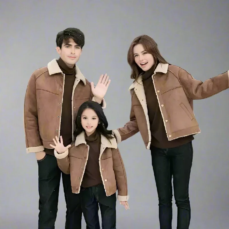 Family Matching Faux Shearling Jackets – Warm Winter Suede Coats Zippered Front Buttoned Front Snap Front Family Matching Faux Shearling Jackets – Warm Winter Suede Coats Zippered Front Buttoned Front Snap Front
