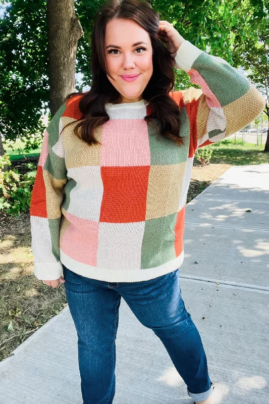 Ivory & Rust Checker Jacquard Knit Sweater Ribbed Striped Patterned