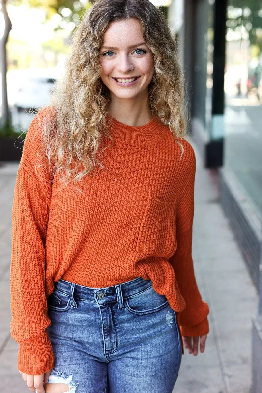 Pumpkin Spice Mock Neck Chest Pocket Knit Sweater Silk Blend Satin Velvet