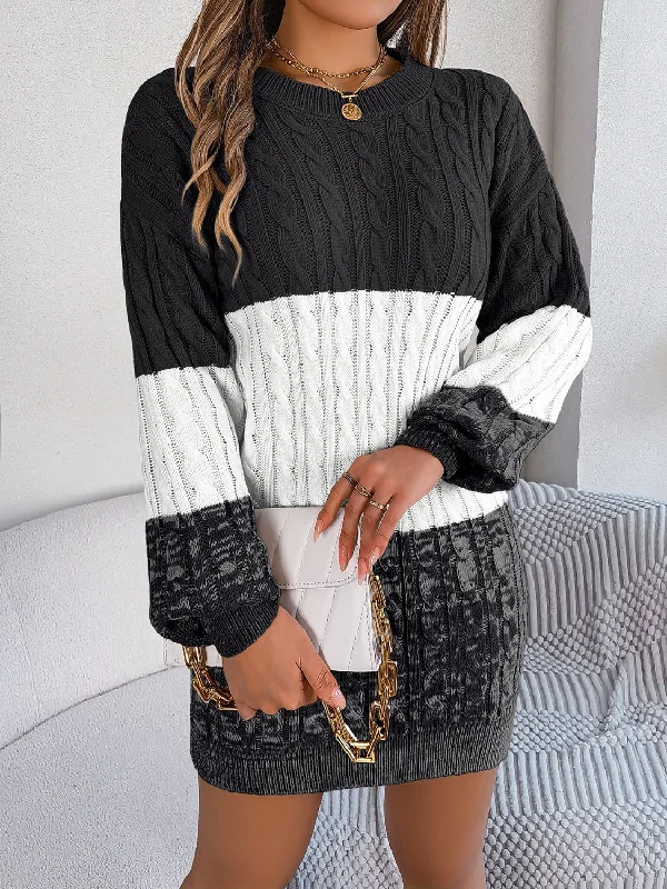 Cable-Knit Round Neck Color Block Sweater Dress Glossy Satin Silk