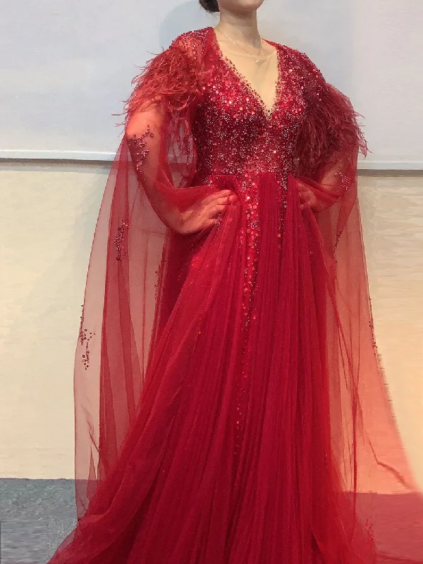 Chic A-line V neck Long Sleeve Beaded Evening Dress Elegant Long Prom Dresses sew03371 Chic A-line V neck Long Sleeve Beaded Evening Dress Elegant Long Prom Dresses sew03371