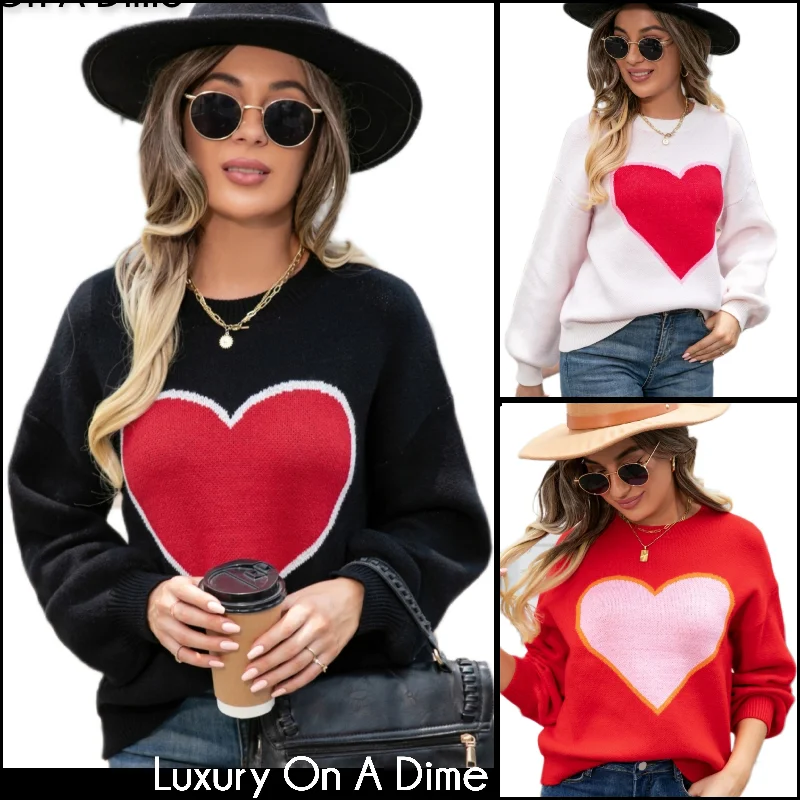 Knit Heart Contrasting Classic Round Neck Pullover Top Long Sleeve Sweater Shirt Textured Knit Design