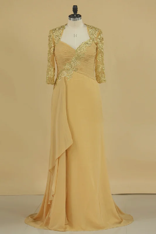 Mother Of The Bride Dresses Mid-Length Sleeves Chiffon With Applique Sweep Train