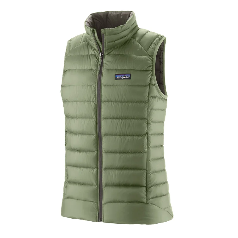 Patagonia Womens Down Sweater Vest Terrain Green Open Front Closed Front Wrap Front
