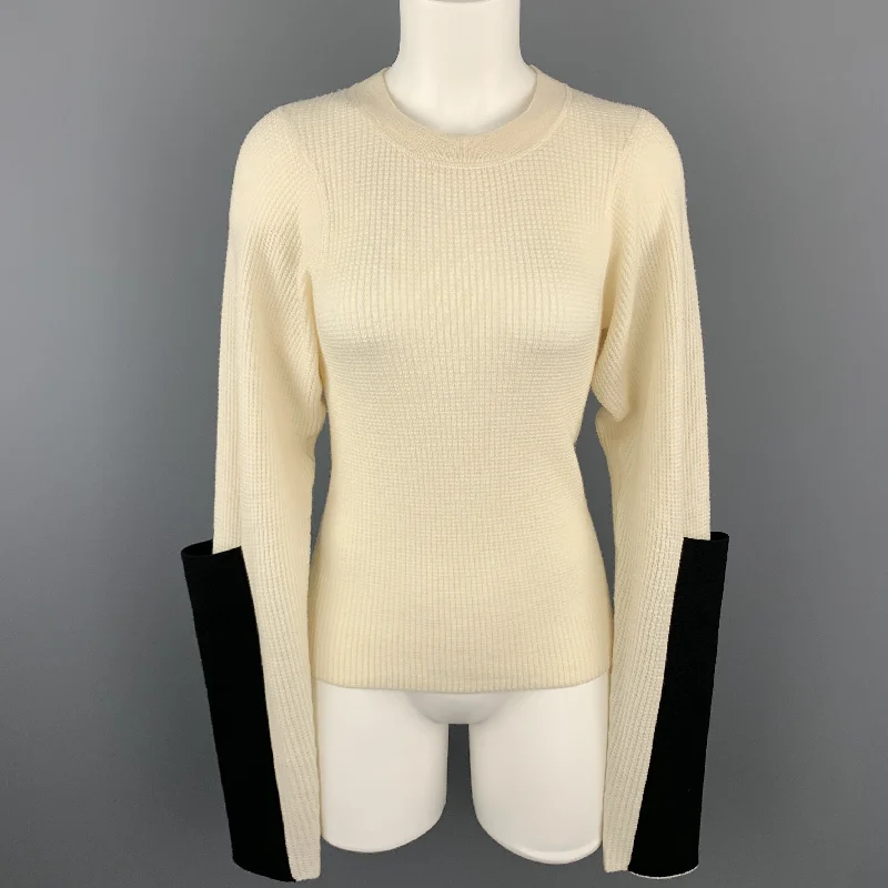 JOSEPH Size S Beige Merino Wool Waffel Knit Black Sleeve Pullover Three Quarter Sleeve