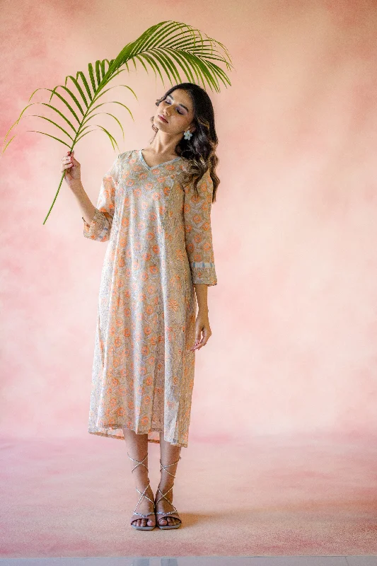 Indian Summer Beige Printed Cotton Dress | Ray-ethnic