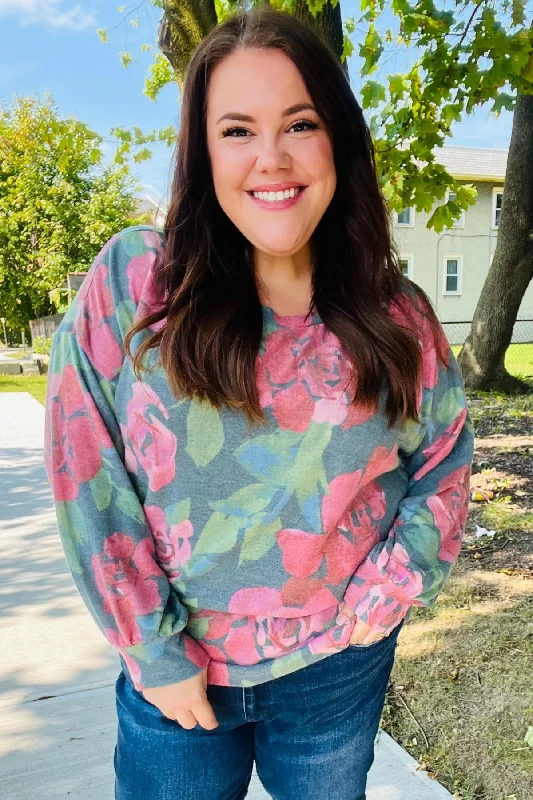 Everyday Hunter Green Floral Brushed Hacci Sweater Top Layered Multi-layer Single Layer Everyday Hunter Green Floral Brushed Hacci Sweater Top Layered Multi-layer Single Layer