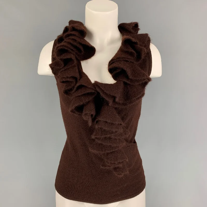 RALPH LAUREN Black Label Size M Brown Cashmere Ruffled Sleeveless Pullover Fine Merino Wool