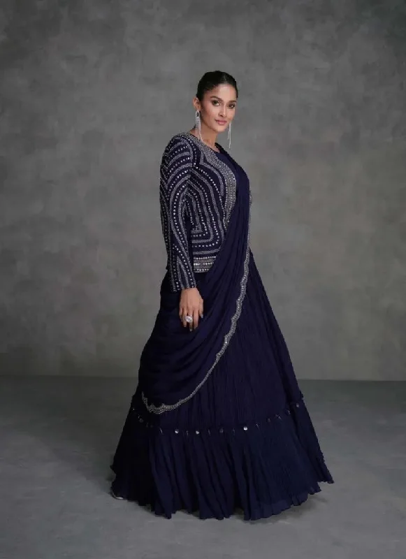 Designer Dark Blue  Embroidered Organza Silk Lehenga Set with Crop Top Wool Fabric Cashmere Fabric Tweed Fabric