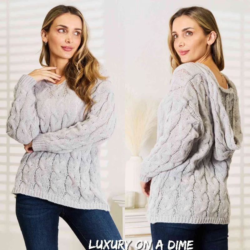 Cable-Knit Woven Hoodie Long Sleeve Classic Pullover Lightweight Sweater One Shoulder Top