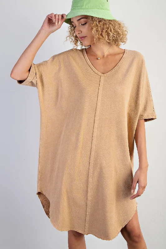 Easel Mineral Washed Terry Knit Tunic Dress in Almond