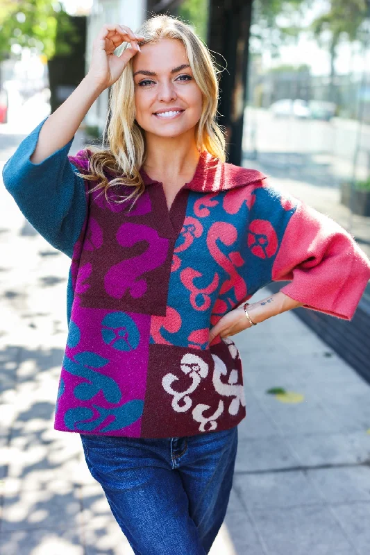 Feeling Your Best Wine Abstract Print Color Block Collar V Neck Sweater Zippered Buttoned Snapped Feeling Your Best Wine Abstract Print Color Block Collar V Neck Sweater Zippered Buttoned Snapped