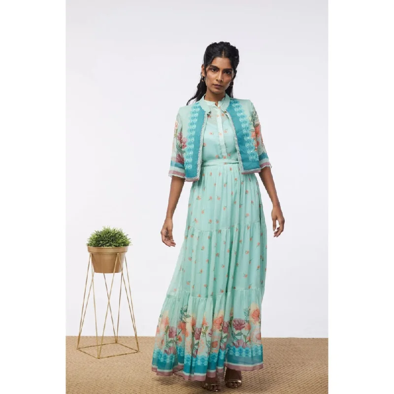 Soup by Sougat Paul Mint Blue Blooming Bud Floral Tiered Dress with Jacket (Set of 2) Fitted Jacket Loose Jacket Oversized Jacket