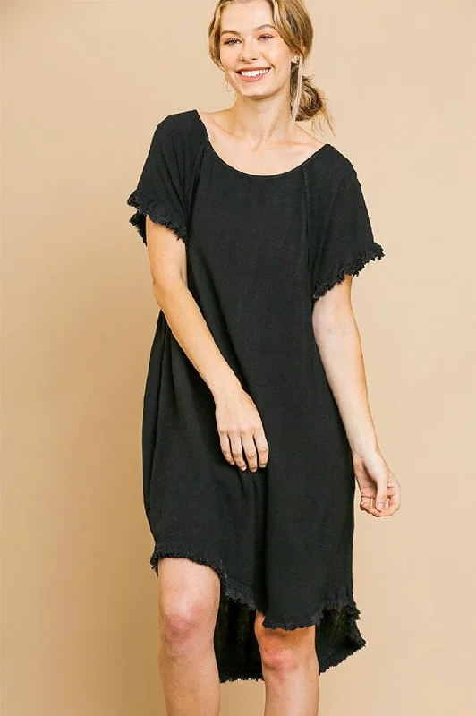 Umgee High Low Linen Blend Dress with Frayed Details in Black