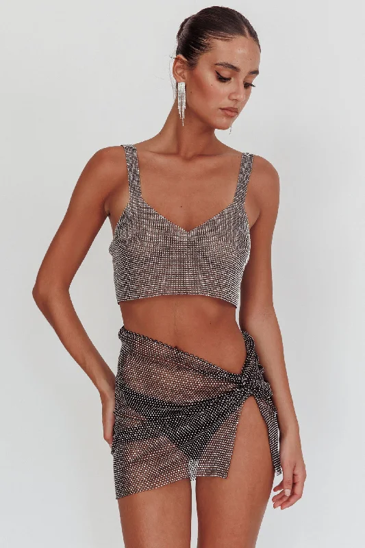 Lumina Diamante Crop Top Black Ribbed Striped Patterned