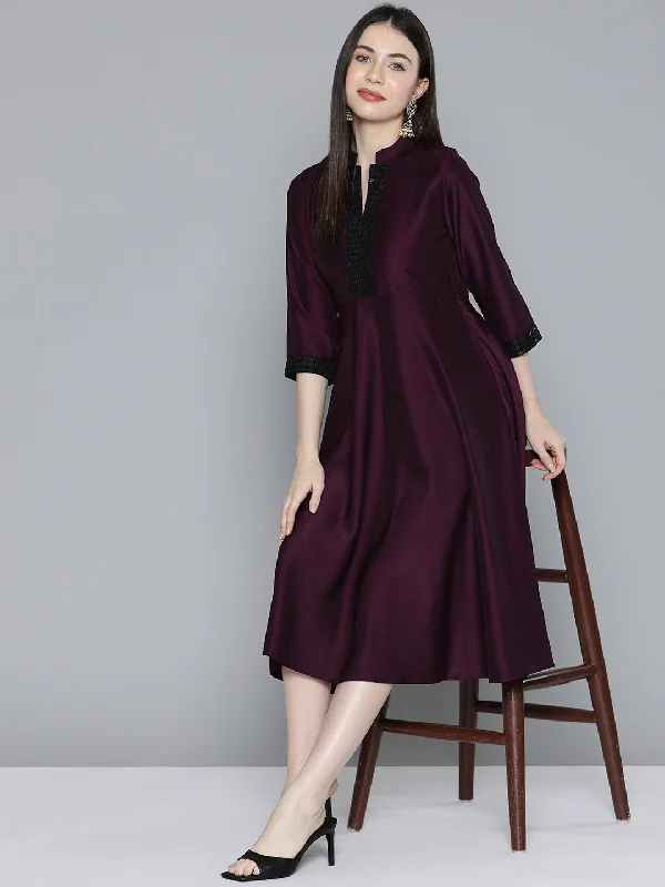 Jompers Women's Sequin work, flared ethnic dress - Wine