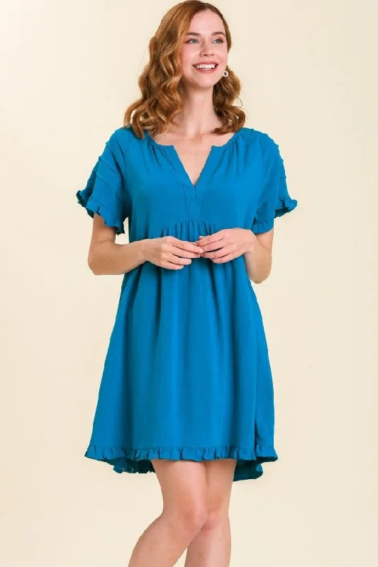 Umgee Linen Blend Pin Tuck Ruffle Sleeve Dress in Cobalt