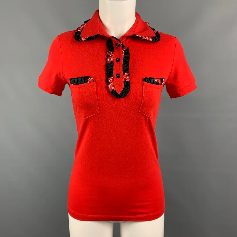 Vintage MOSCHINO COUTURE Size 6 Red & Black Graphic Print Rayon Short Sleeve Pullover Peter Pan Collar