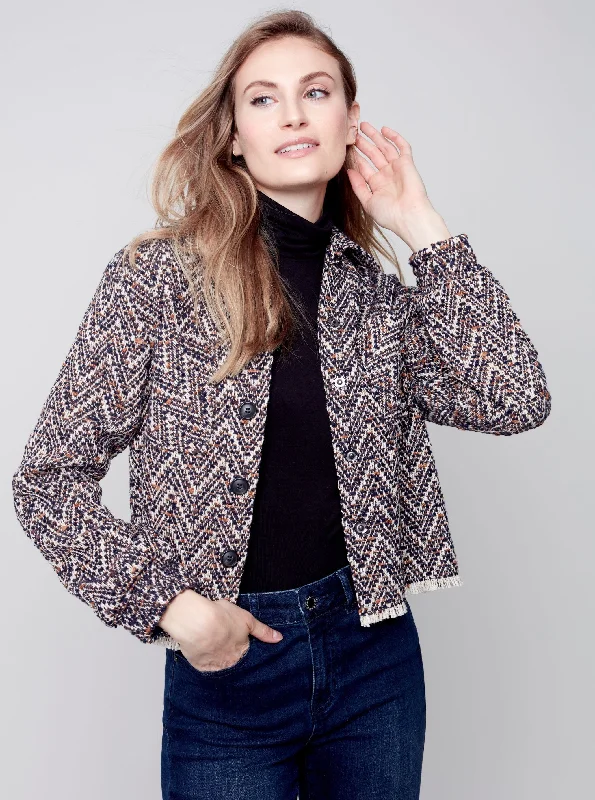 Tweed Cropped Shirt Jacket [Navy-C6203] Rayon Jacket Velvet Jacket Corduroy Jacket