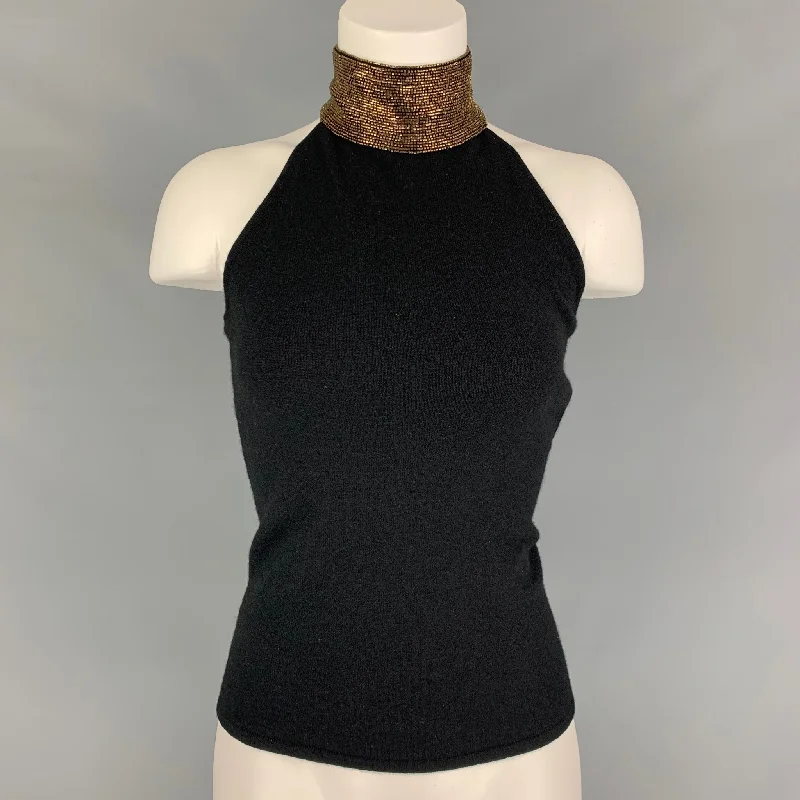 RALPH LAUREN BLACK LABEL Size S Black Gold Cashmere Blend Halter Beaded Pullover Deep Neck Pullover