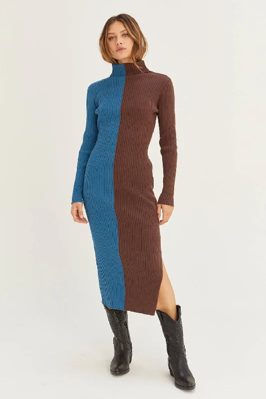 CD8069 - Jodie Colorblock Midi Sweater Dress: BLUE BROWN Wool Sweater Cotton Sweater Cashmere Sweater CD8069 - Jodie Colorblock Midi Sweater Dress: BLUE BROWN Wool Sweater Cotton Sweater Cashmere Sweater