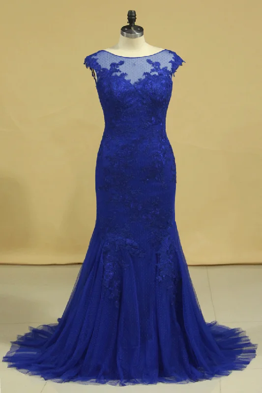 Plus Size Mermaid Open Back Evening Dresses Bateau Tulle With Applique Dark Royal Blue Plus Size Mermaid Open Back Evening Dresses Bateau Tulle With Applique Dark Royal Blue
