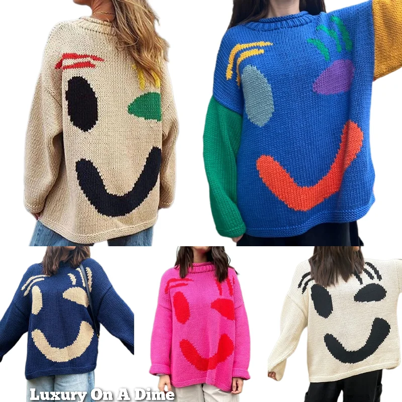Knit Smiley Face Color Contrast Abstract Long Sleeve Oversized Pullover Sweater Top Three Quarter Sleeve