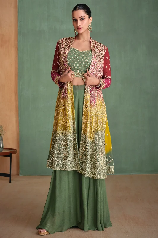 Dusty Green Georgette Lengha Choli with Dual Color Jacket For Indian Festivals & Pakistani Weddings Dress - Embroidery Work, Mirror Work Cotton Fabric Linen Fabric Terry Fabric Dusty Green Georgette Lengha Choli with Dual Color Jacket For Indian Festivals & Pakistani Weddings Dress - Embroidery Work, Mirror Work Cotton Fabric Linen Fabric Terry Fabric