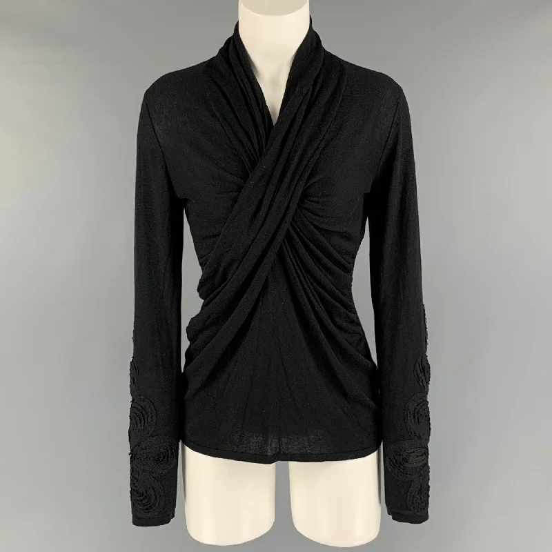 JOSIE NATORI Size M Black Silk & Cashmere Aplique Ruched Pullover Plunging Neck Pullover