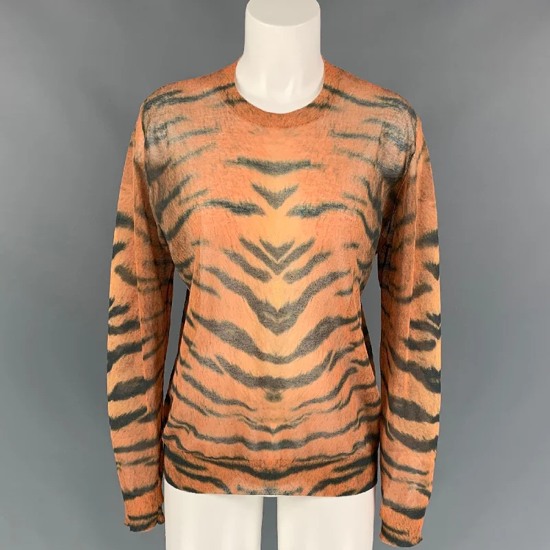 DRIES VAN NOTEN x CHRISTIAN LACROIX SS 20 Size S Orange & Black Animal Print Cotton / Polyamide Pullover Chenille Soft Sweater